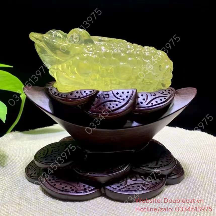 Tượng Thiềm Thừ Đá Thạch Anh (citrine) Chạm Khắc Tinh Xảo, KT 12x8cm (Cả đế gỗ 15cm)