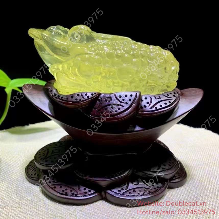 Tượng Thiềm Thừ Đá Thạch Anh (citrine) Chạm Khắc Tinh Xảo, KT 12x8cm (Cả đế gỗ 15cm)
