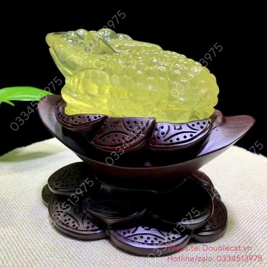 Tượng Thiềm Thừ Đá Thạch Anh (citrine) Chạm Khắc Tinh Xảo, KT 12x8cm (Cả đế gỗ 15cm)
