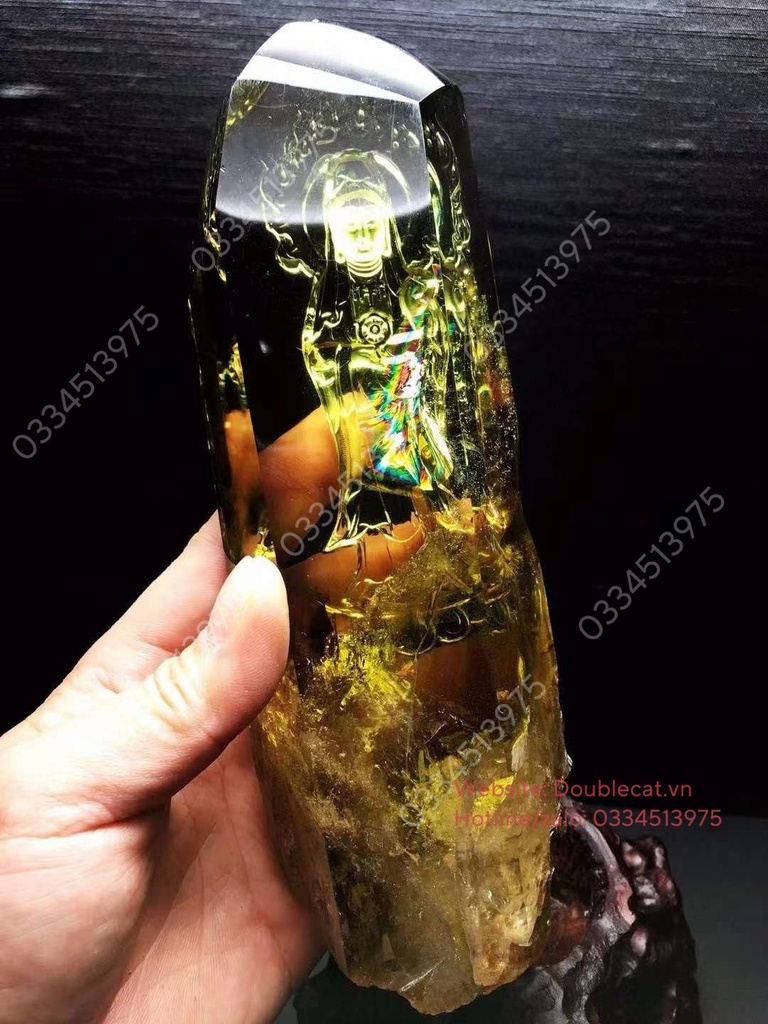 Tượng Phật Quan Âm thạch anh vàng, KT 20cm