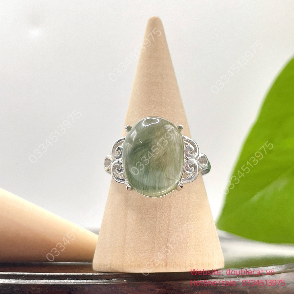 Nhẫn oval thạch anh tóc xanh rêu, bạc 925, KT hột 13,5x10,6mm