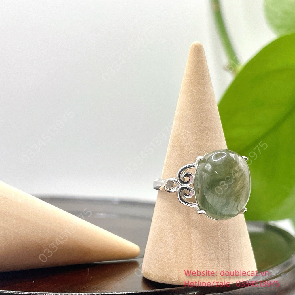 Nhẫn oval thạch anh tóc xanh rêu, bạc 925, KT hột 13,5x10,6mm