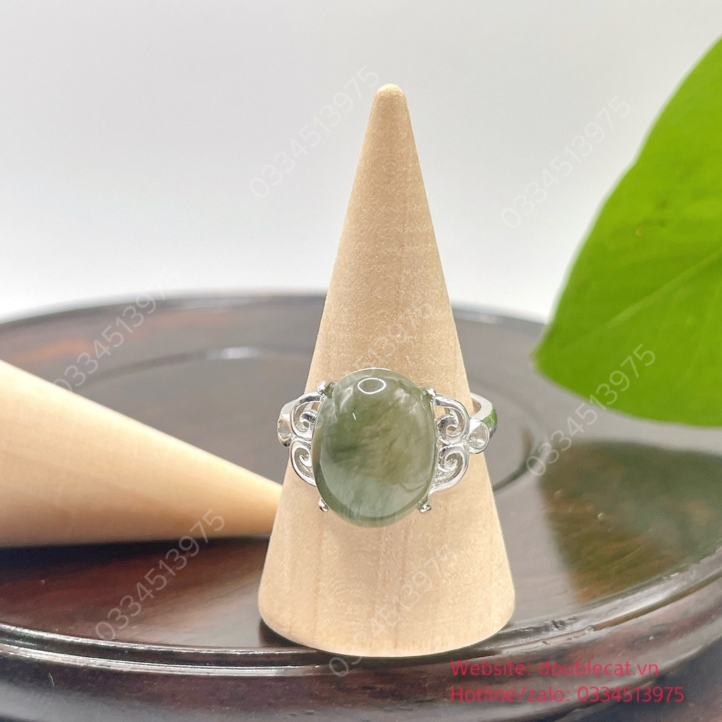 Nhẫn oval thạch anh tóc xanh rêu, bạc 925, KT hột 13,5x10,6mm