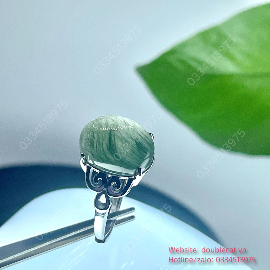 Nhẫn oval thạch anh tóc xanh rêu, bạc 925, KT hột 13,5x10,6mm