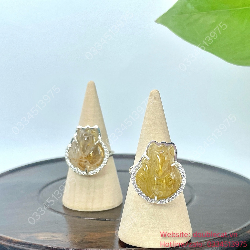 Nhẫn hồ ly thạch anh tóc vàng bạc 925 , size mặt 18,6x16,8mm
