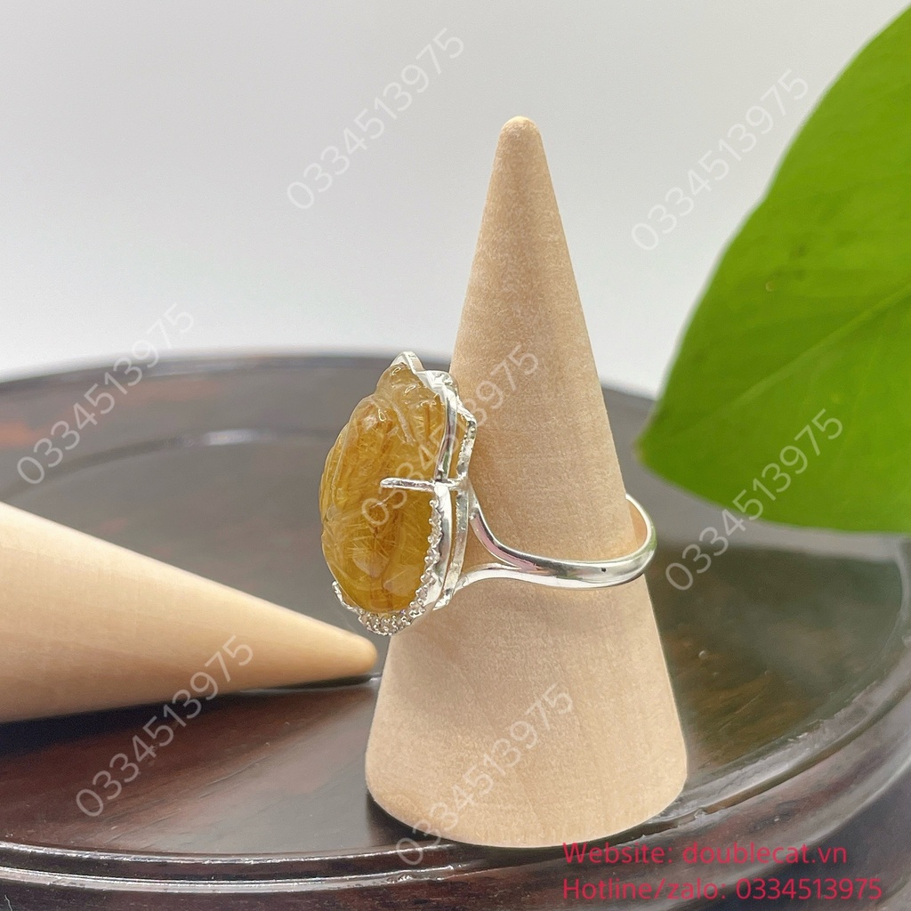 Nhẫn hồ ly thạch anh tóc vàng bạc 925 , size mặt 18,6x16,8mm