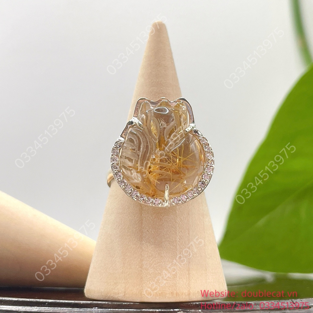 Nhẫn hồ ly thạch anh tóc vàng bạc 925 , size mặt 18,6x16,8mm
