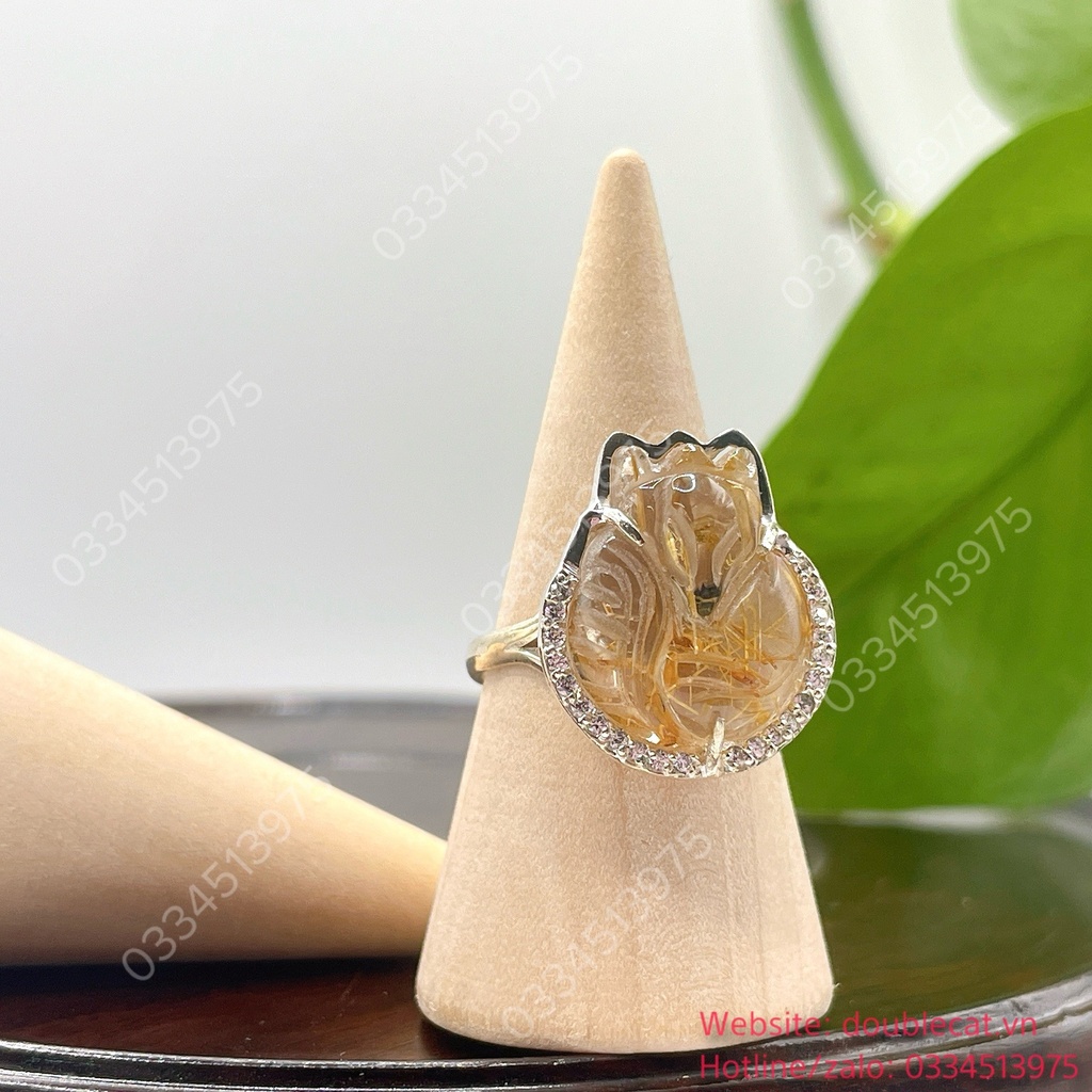 Nhẫn hồ ly thạch anh tóc vàng bạc 925 , size mặt 18,6x16,8mm