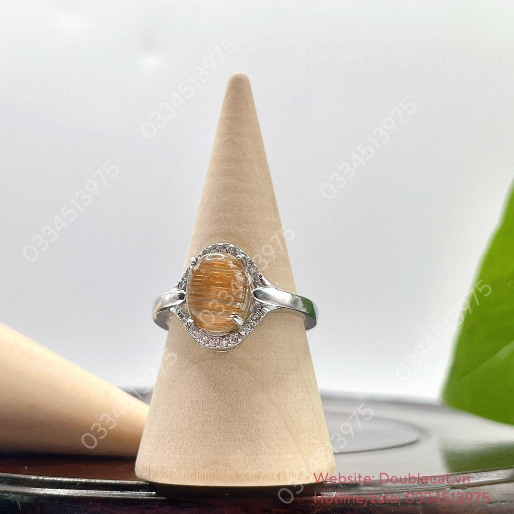 Nhẫn bạc oval thạch anh tóc nâu, hột chủ tóc siêu đẹp