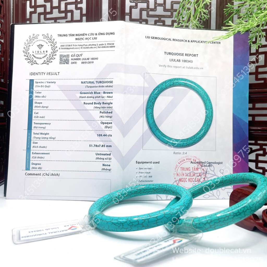 Vòng bản đũa đá ngọc lam Turquoise ni 52mm, đi kèm giấy kiểm định