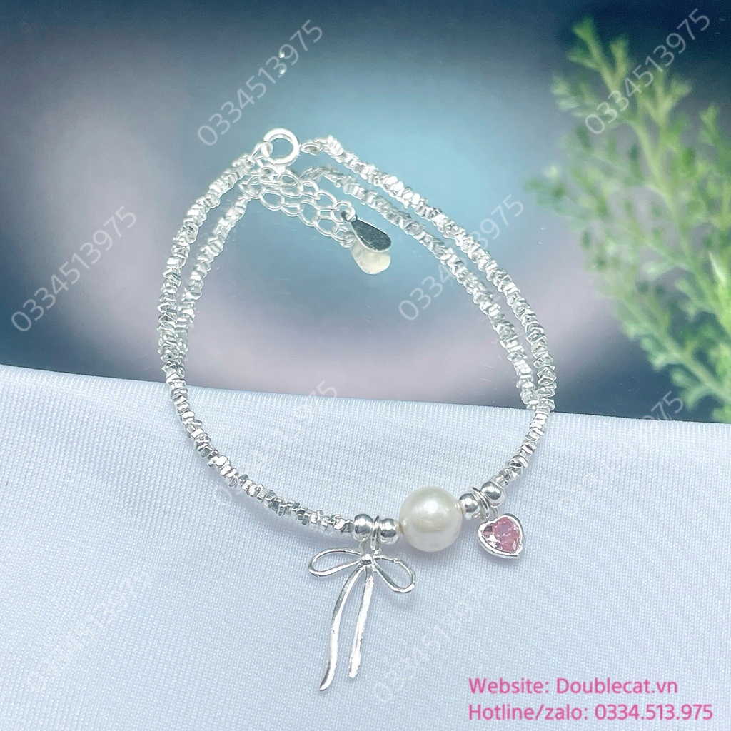 Set lắc tay hạt vỡ và dây chuyền nơ tim, bạc ta  