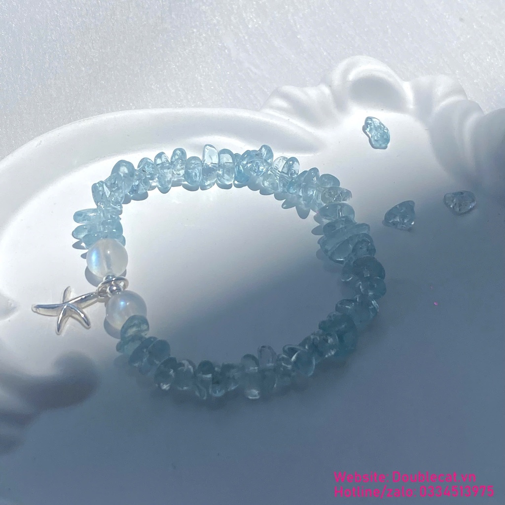 Vòng đá Aquamarine mix đá mặt trăng (Moon) và charm bạc 925