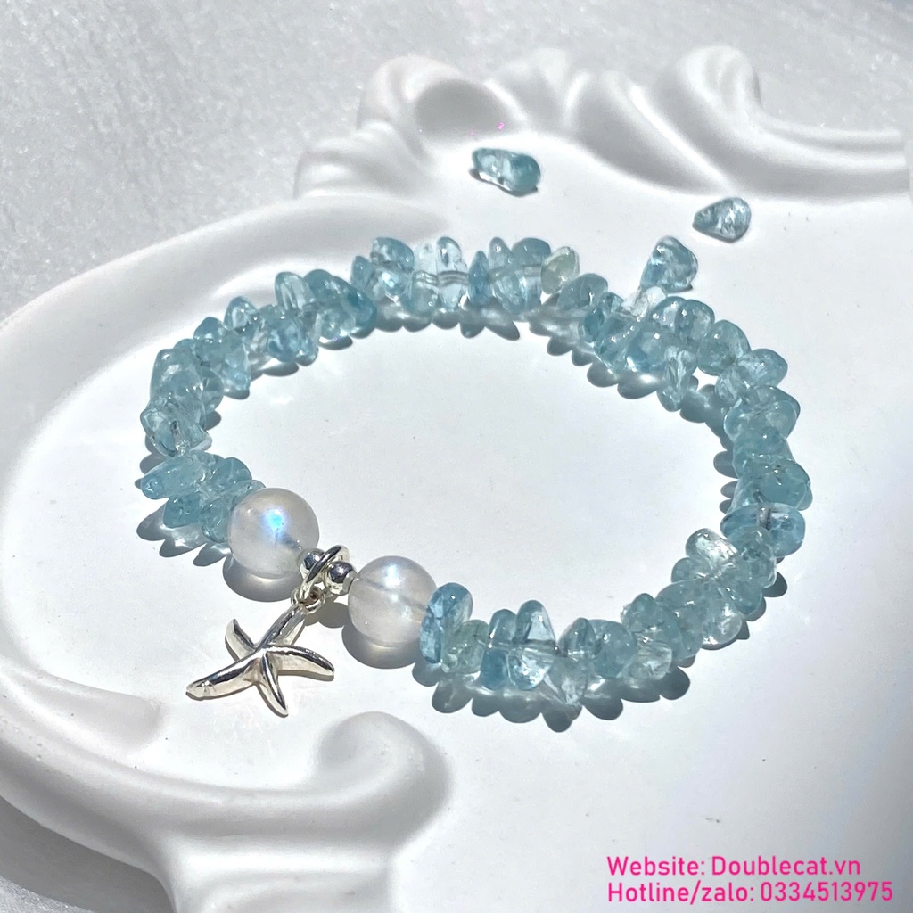 Vòng đá Aquamarine mix đá mặt trăng (Moon) và charm bạc 925