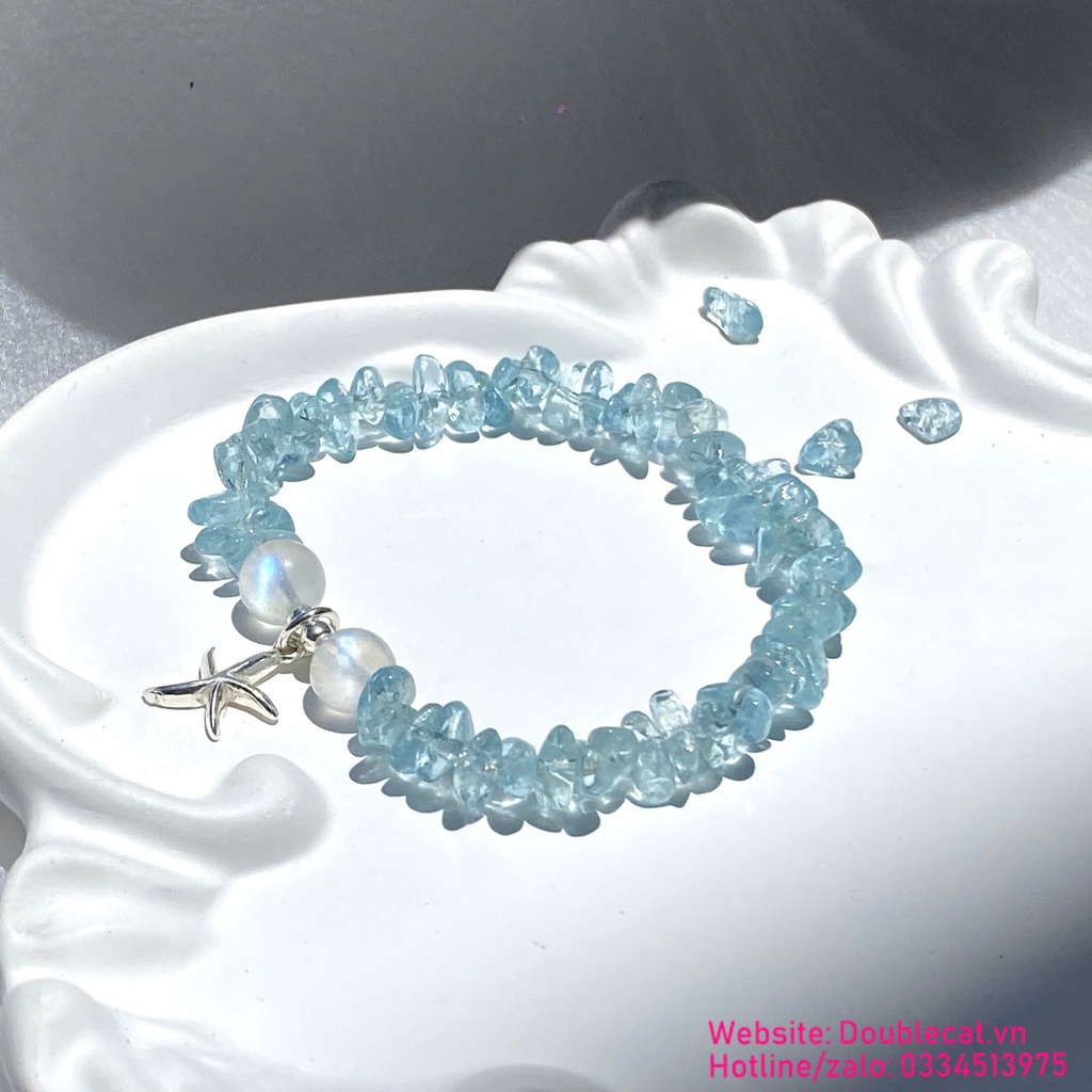 Vòng đá Aquamarine mix đá mặt trăng (Moon) và charm bạc 925