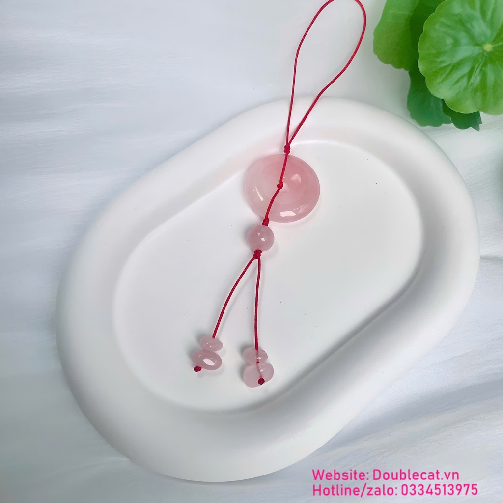 Dây treo xe/móc khóa đồng điếu (Khấu bình an) thạch anh hồng chất đẹp