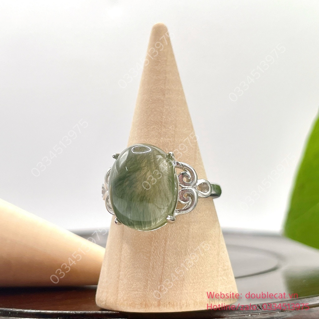 Nhẫn oval thạch anh tóc xanh rêu, bạc 925, KT hột 13,5x10,6mm