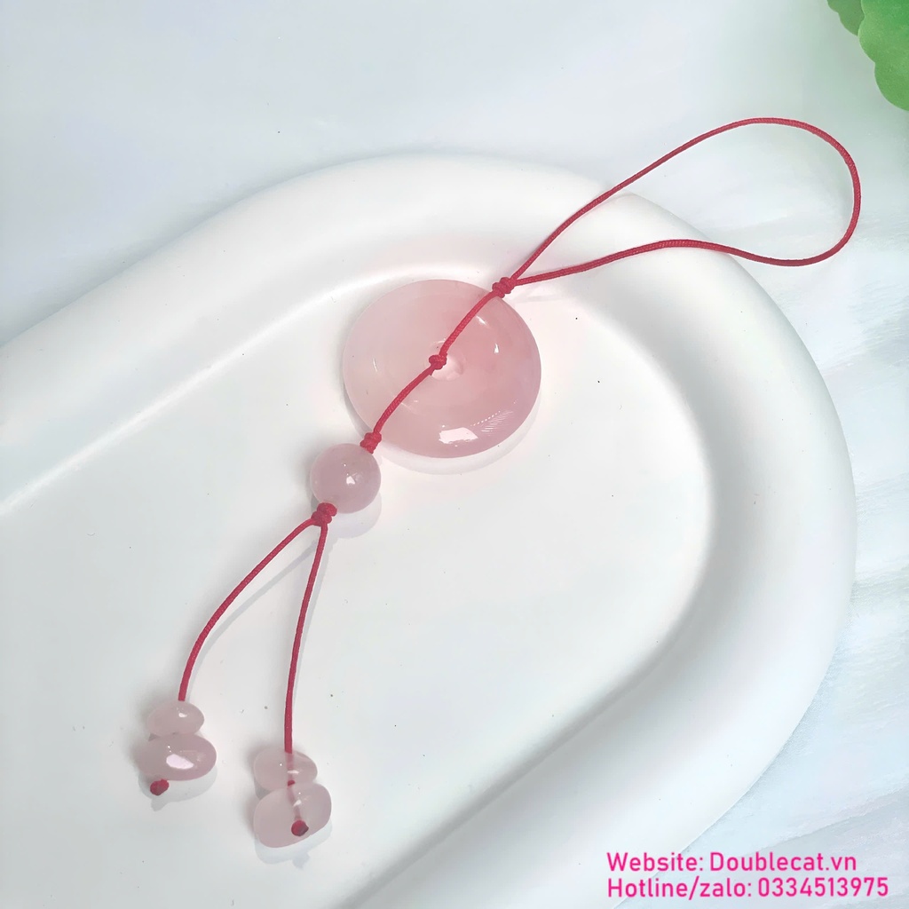 Dây treo xe/móc khóa đồng điếu (Khấu bình an) thạch anh hồng chất đẹp