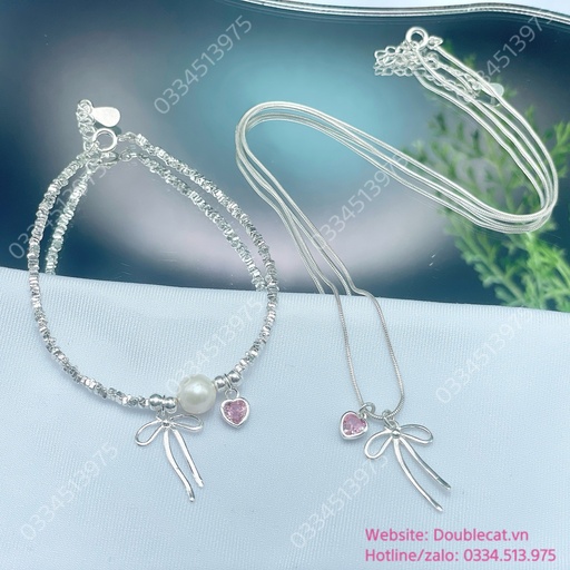 Set lắc tay hạt vỡ và dây chuyền nơ tim, bạc ta  
