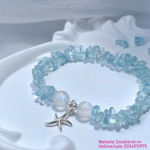 Vòng đá Aquamarine mix đá mặt trăng (Moon) và charm bạc 925