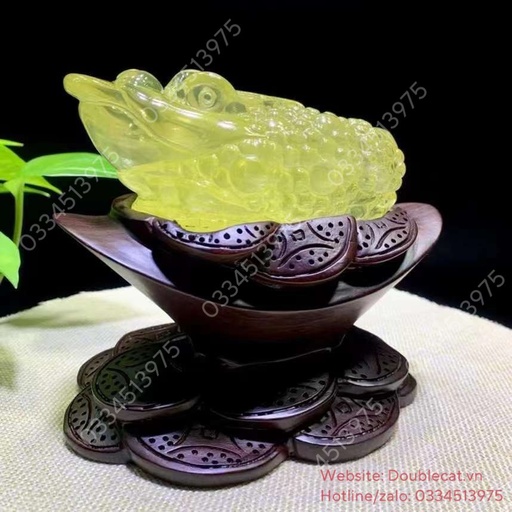 Tượng thiềm thừ đá thạch anh (citrine) chạm khắc tinh xảo, KT 12x8cm (Cả đế gỗ 15cm)