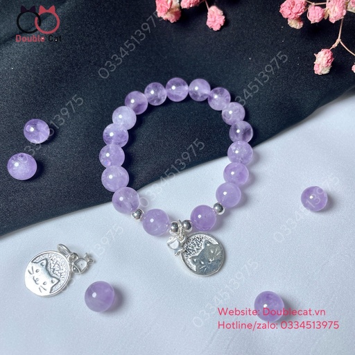 Vòng thạch anh tím Lavender mix charm bạc mèo cá 925