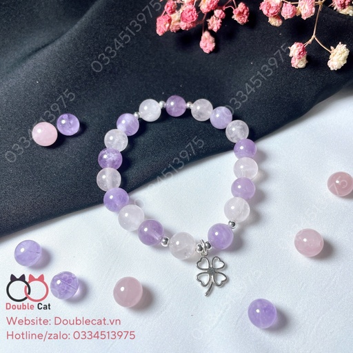 Vòng mix thạch anh tím, thạch anh hồng và charm bạc 925