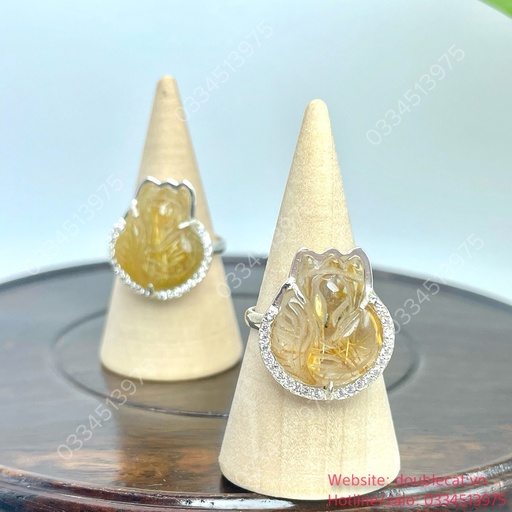 Nhẫn hồ ly thạch anh tóc vàng bạc 925 , size mặt 19x16,8mm