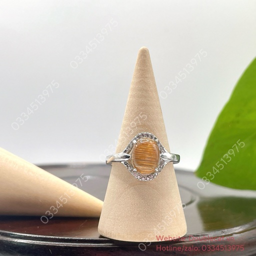 Nhẫn bạc oval thạch anh tóc nâu, hột chủ tóc siêu đẹp